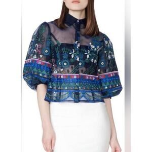 Garcia Embroidered Tulle Sheer Blouse Navy Romantic Statement Size Small
